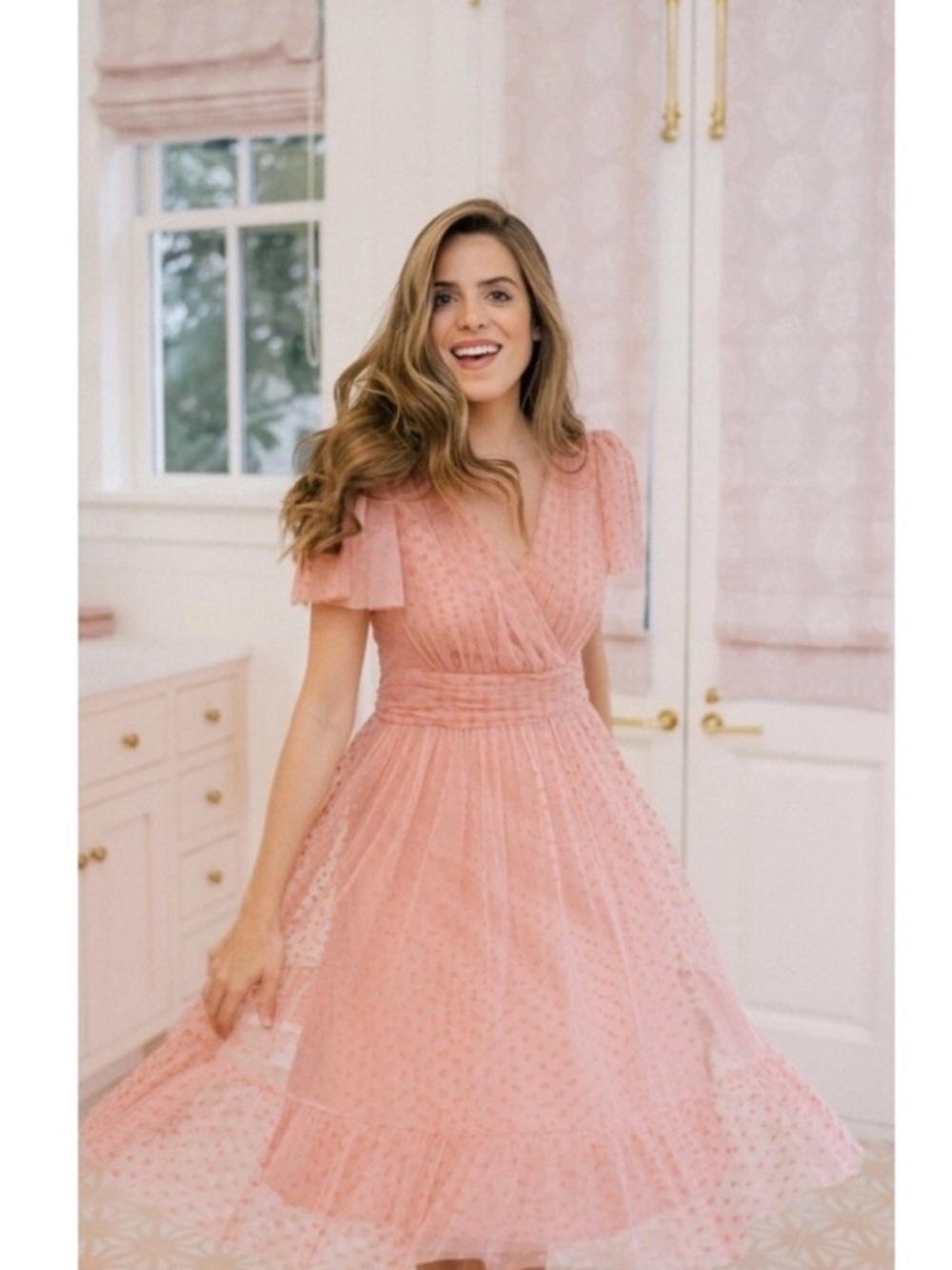 Gal Meets Glam Zelda Pink Tulle Polka Dot Fit and Flare Party Midi Dress Size 6